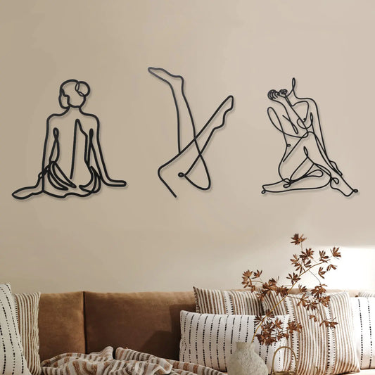 3 Pcs Metal Wall Art Decor Minimalist Abstract Woman Wall Art metal Modern Line Drawing Wall Art Decor Female Single Line Wall Home Hanging for Bedroom Kitchen Bathroom Living Room(Fresh)